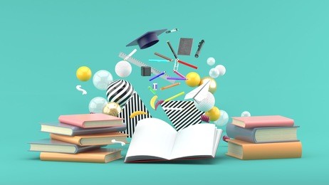 school supplies floating out of a book amidst colorful balls on a green background.-3d render.
