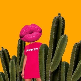 modern art collage. girl with lipsnasna head, cactus background