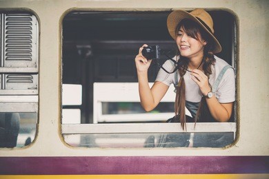 beautiful woman traveler tourist taking photo window train city street travel ,travel and lifestyle concept.