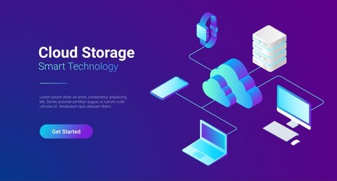 isometric flat cloud hosting network vector illustration. online computing storage 3d isometry concept. smartwatch, computer, laptop, mobile phone objects.