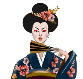 japanese girl in traditional  blue kimono