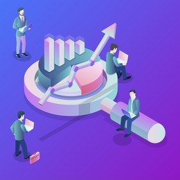 data analysis flat isometric concept. a business team is investigating some information around the huge magnifying glass and some kinds of finance charts and diagrams.
