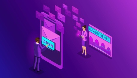 isometric business men and business women look email inbox electronic a smartphone. communication. e-mail marketing, receiving messages. inbox email