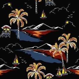 beautiful hawaiian seamless island pattern vector. landscape with palm trees,beach and ocean vector hand drawn style on black color background for fashion fabric and all prints.