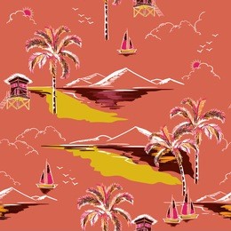 vintage beautiful seamless island pattern vector. landscape with palm trees,beach and ocean vector hand drawn style on orange color background.