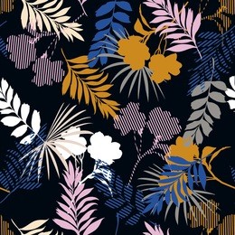 beautiful of silhouette tropical foliage and fill in stripe leaves in colorful mood  seamless pattern in vector for fashion fabric and all prints on black