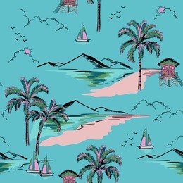trendy  hawaiian in sweet color  seamless island pattern vector. landscape with palm trees,beach and ocean vector hand drawn style on blue mint color background for fashion fabric and all prints.