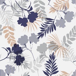 monotone blue and grey of silhouette tropical foliage and fill in stripe leaves in colorful mood  seamless pattern in vector for fashion fabric and all prints 