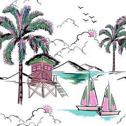 trendy  hawaiian in sweet color  seamless island pattern vector. landscape with palm trees,beach and ocean vector hand drawn style on white color background for fashion fabric and all prints.