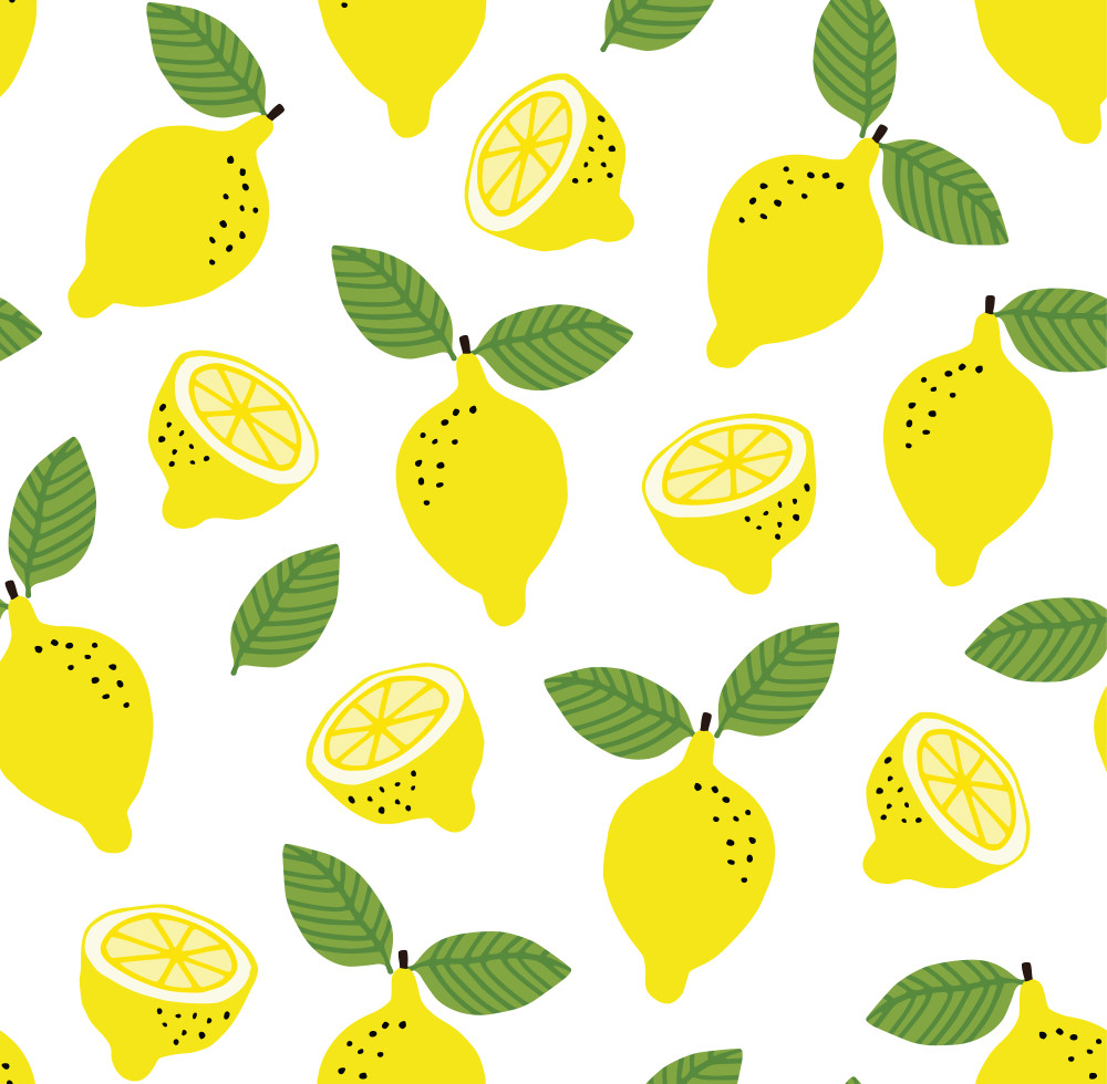 hand drawn seamless pattern with yellow lemon fruit and leaves. summer retro  fabric design, cartoon illustration, vector background.