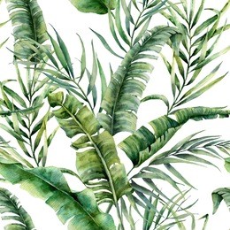 watercolor tropical seamless pattern with coconut and banana palm leaves. hand painted greenery exotic branch on white background. botanical illustration for design, print, fabric or background