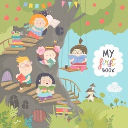 happy children reading books in the treehouse