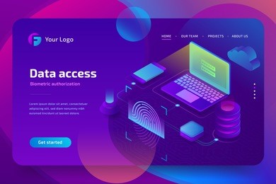 network data access with biometric authorization concept. scan fingerprint, identification system, landing page template. 3d isometric vector illustration on ultraviolet background
