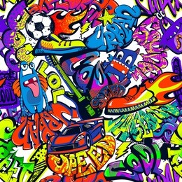 abstract seamless grunge graffiti pattern. colorful words drawing in teenagers urban graffiti wall style. monster character,sport car, electro guitar, fire ball, sneakers, lightning, stars
