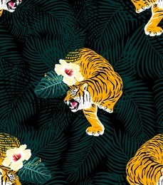 vector seamless pattern with tigers and tropical.