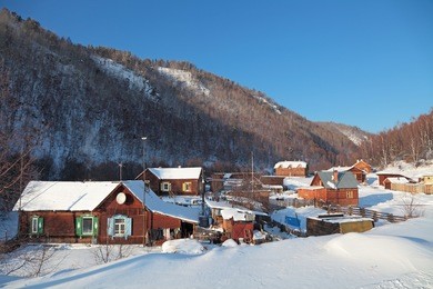 siberian village in the mountains on the shore of lake baikal, russia