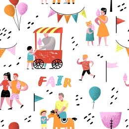 summer fun fair seamless pattern. amusement park characters with cartoon people. family kids vacation background for wallpaper, fabric. vector illustration
