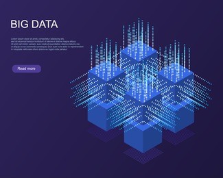 digital technology web banner. big data machine learning algorithms. abstract banner analysis of information. isometric view. science darck blue background.