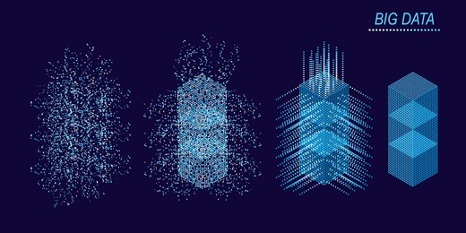 digital technology web banner. big data machine learning algorithms. abstract banner analysis of information. isometric view. science darck blue background.