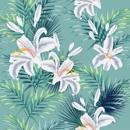 seamless pattern with tropical leaves and royal white lilies flowers. dark and bright green palm leaves on the mint background. tropical illustration. jungle foliage.