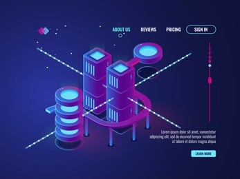 smart city, server room isometric vector, data center database icon, networking and data processing concept big data cloud storage ultraviolet dark neon