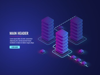 isometric data flow processing, data protection and encryption process, server room, data center and database concept vector dark ultra violet neon