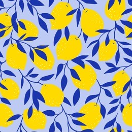 tropical seamless pattern with yellow lemons on the blue background. fruit repeated background. vector bright print for fabric or wallpaper.