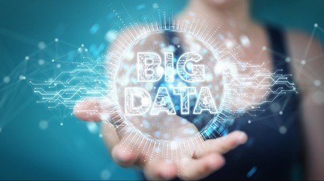 businesswoman on blurred background using big data digital hologram 3d rendering