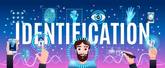 identification innovative computer security technologies horizontal colorful composition header title with face hand eye recognition vector illustration 