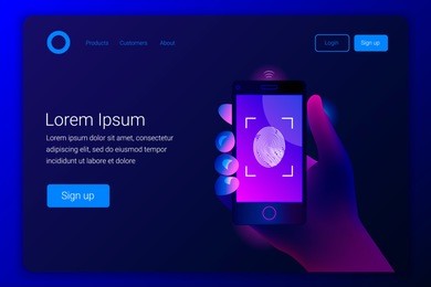 futuristic hi tech mobile technology concept. smartphone with fingerprint. mobile phone screen with scanning process. landing page template. vector illustration.