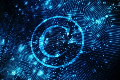 law concept: pixelated copyright icon on digital background, empty copyspace for card, text, advertising