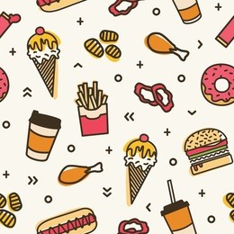modern seamless pattern with fast food. colorful backdrop with various meals - ice cream, burger, donut, french fries, hot dog, fried chicken. vector illustration for wrapping paper, textile print