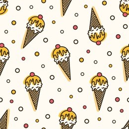 creative seamless pattern with ice cream in wafer, waffle or sugar cone. backdrop with delicious frozen dessert. vector illustration in line art style for wrapping paper, textile print, wallpaper