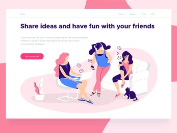 relationship, online dating and social networking concept - girls holding mobile phones chat, share ideas on the internet and have fun. landing concept. 3d isometric. line style illustration.