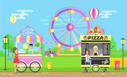 street food trolleys with vendors family park near ferris wheel. tasty pizza and sweet cotton candy mobile shops in amusement parkland vector illustration