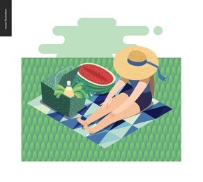 picnic image - flat cartoon vector illustration of girl sitting in the grass with a ribbon sun hat, picnic wicker basket, lemonade, blue abstract blanket, greenery salad, watermelon - summer postcard