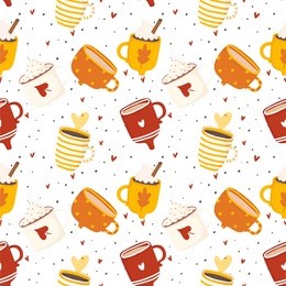 	
hand drawn yellow and orange autumn romantic seamless pattern with cute cups, mugs, hearts, coffee, cocoa and more. vector illustration background in yellow, orange and red colors