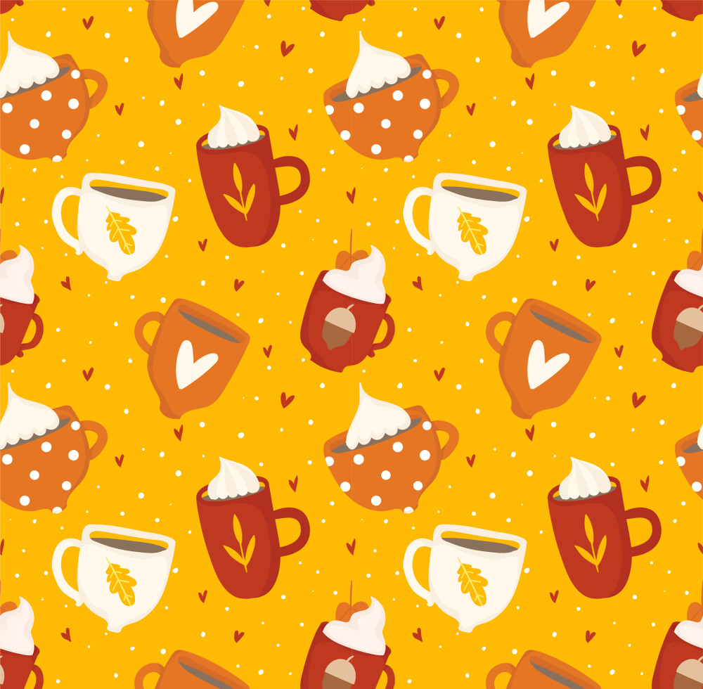 	
hand drawn yellow and orange autumn romantic seamless pattern with cute cups, mugs, hearts, coffee, cocoa and more. vector illustration background in yellow, orange and red colors