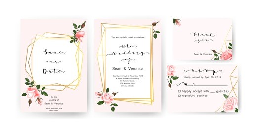 save the date card, wedding invitation, greeting card with beautiful roses flowers and letters "the wedding of". set of card with flower, leaves and geometrical frame. vector eps10