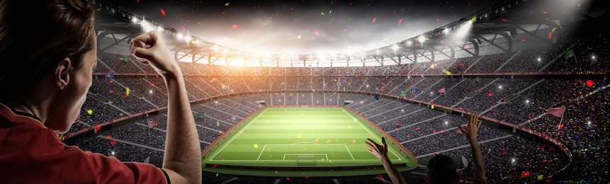 soccer fans vs 3d rendering stadium imaginary