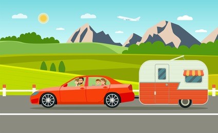 family holiday. travel trailer and sedan. forest and mountain landscape. vacation poster concept. flat style vector illustration