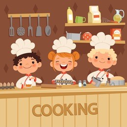 background illustrations of kids preparing food on the kitchen. vector confectioner and baker, child in apron