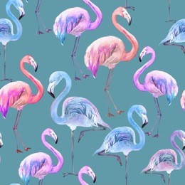 beautiful colorful flamingo on blue background. bright exotic seamless pattern. watercolor painting. hand drawn and painted illustration. fabric, wallpaper design.
