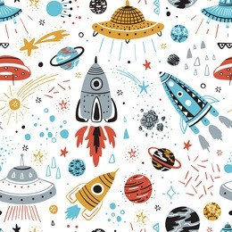space background for kids. vector seamless pattern with cartoon rockets, planets, stars, comets and ufos. 
