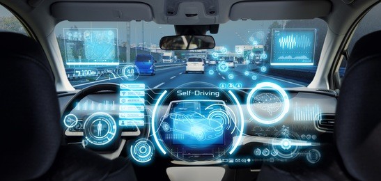 cockpit of futuristic autonomous car.
