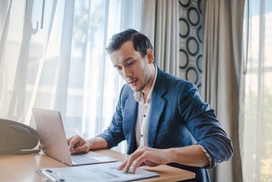 businessman and marketers young happy with a win in the stock market received orders from customers and are proud of the great work of achieving business success.