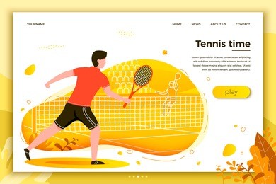 vector illustration - sporty man playing tennis. court, park, trees and hills on green background. banner, site, poster template with place for your text.