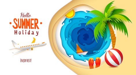 paper art and craft style. sun, sea, palm, sand beach, flip-flops and aircraft is flying to rest. vector paper art cut out illustration. tropic landscape for travel, vacation, adventure banners.