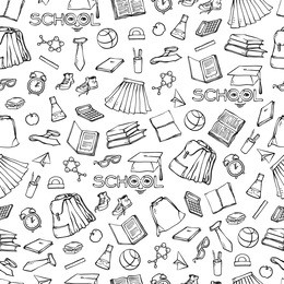 vector school seamless pattern clothes stationery. background various symbols education for design. black white set sketch contour illustration. drawn art stylized letters with face.