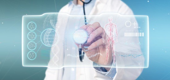 view of a doctor holding a futuristic template interface hud